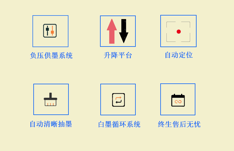 9060uv萬能打印機采用的是負壓供墨系統(tǒng),超強吸附平臺,噴頭加熱恒溫,自動清晰抽墨系統(tǒng),白墨循環(huán)系統(tǒng),以及終生售后無憂 9060uv萬能打印機采用的是負壓供墨系統(tǒng),超強吸附平臺,噴頭加熱恒溫,自動清晰抽墨系統(tǒng),白墨循環(huán)系統(tǒng),以及終生售后無憂